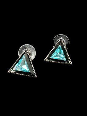 Triangle 3D Pierced Earrings Studs Blue Stone